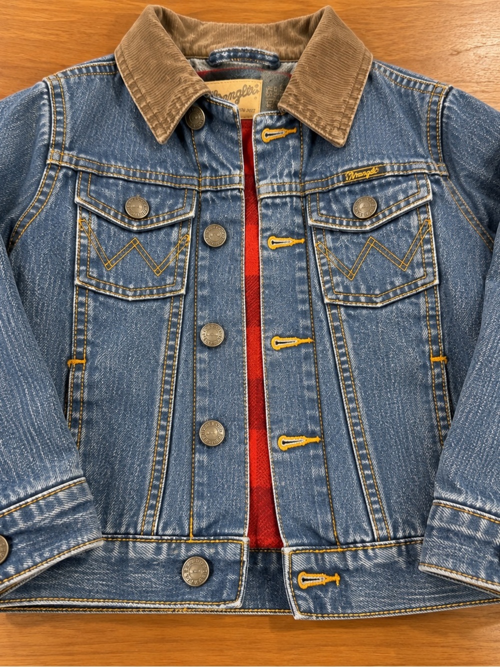 Wrangler Blue Denim Jacket with Tan Corduroy Collar and Red Lining